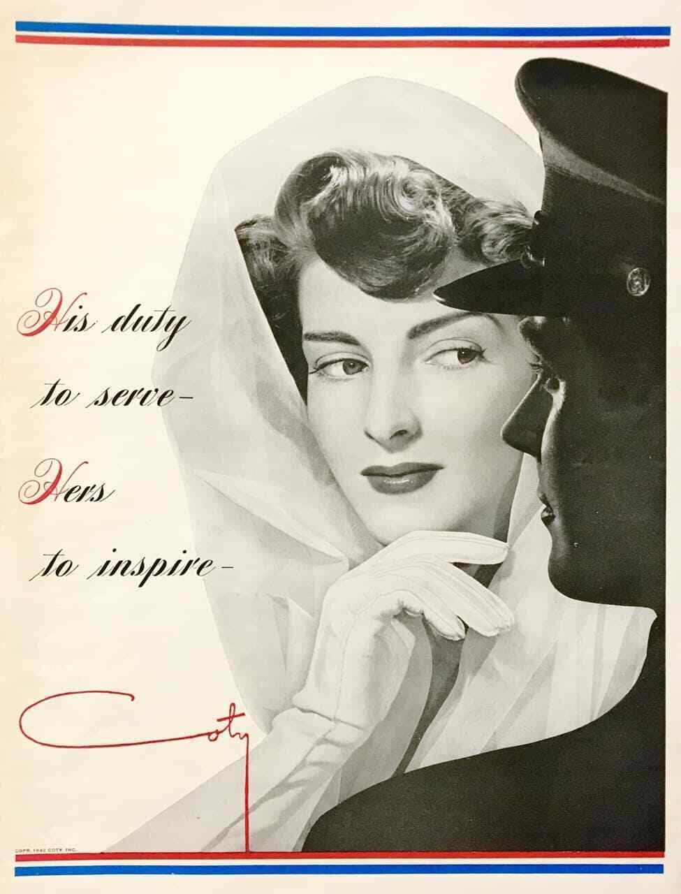 1942 Coty Beauty Fragrance Products PRINT AD His Duty to Serve Hers to Inspire