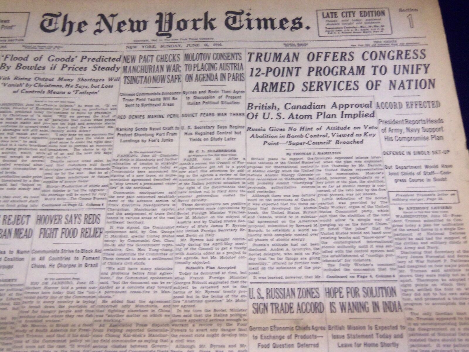 1946 JUNE 16 NEW YORK TIMES - TRUMAN OFFERS CONGRESS 12 POINT PROGRAM - NT 2250