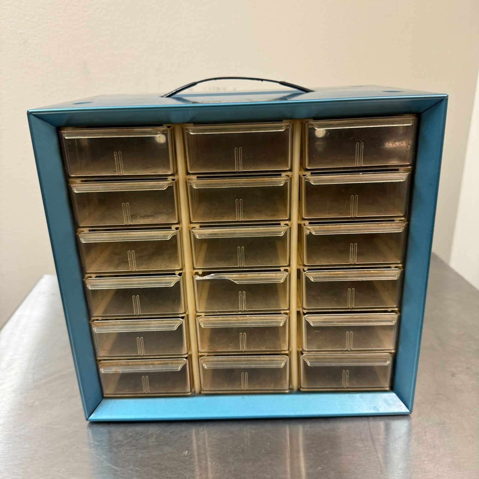 Vintage AKRO-MILS Blue Metal Small Parts Cabinet w/ 18 Drawers - Box
