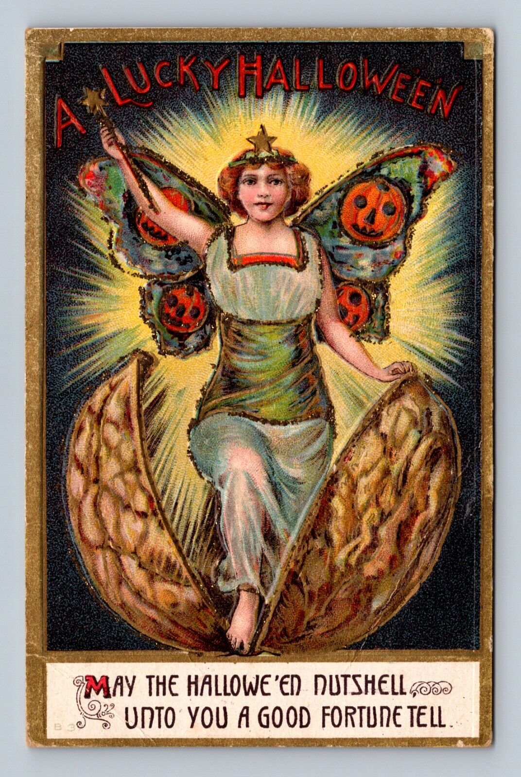 Vintage Halloween Postcard Glitter Lucky Jack O\' Lantern Fairy Nutshell