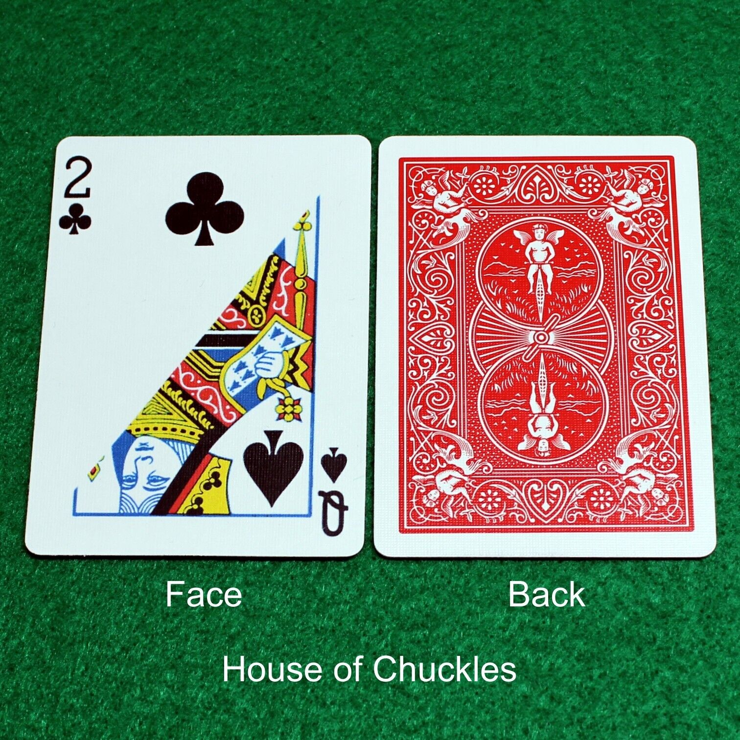 2 Club / Queen Spades, Half Diagonal, Red, Printed Bicycle Gaff Playing Card