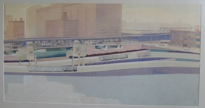 Superb Original Watercolor Painting of Chicago River  MILES SATER  c. 1940s