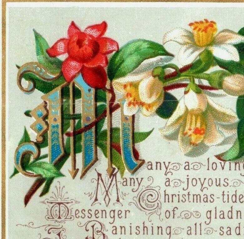 1880s-90s Victorian Christmas Card Poem Flowers Fab P214 