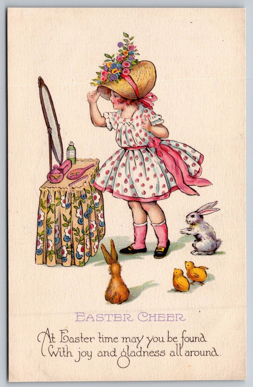 Postcard Easter Cheer Girl Bonnet Mirror Bunny Chicks *A1550