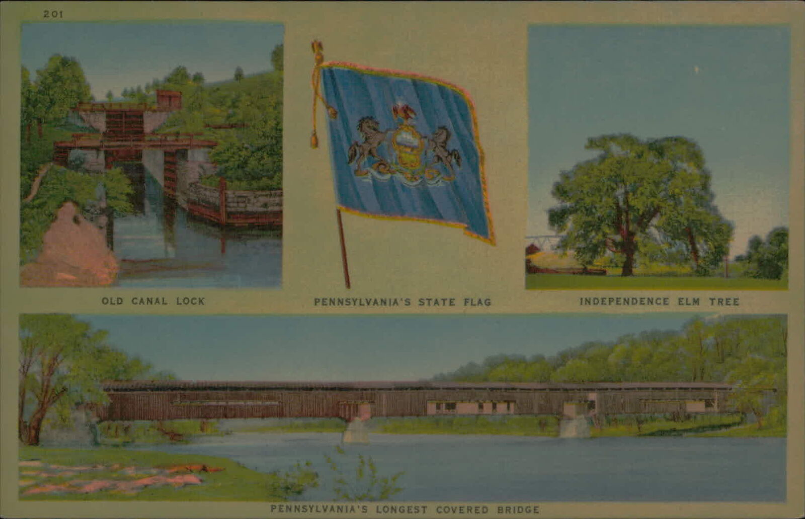 Postcard: 201 OLD CANAL LOCK PENNSYLVANIA\'S STATE FLAG PENNSYLVANIA\'S