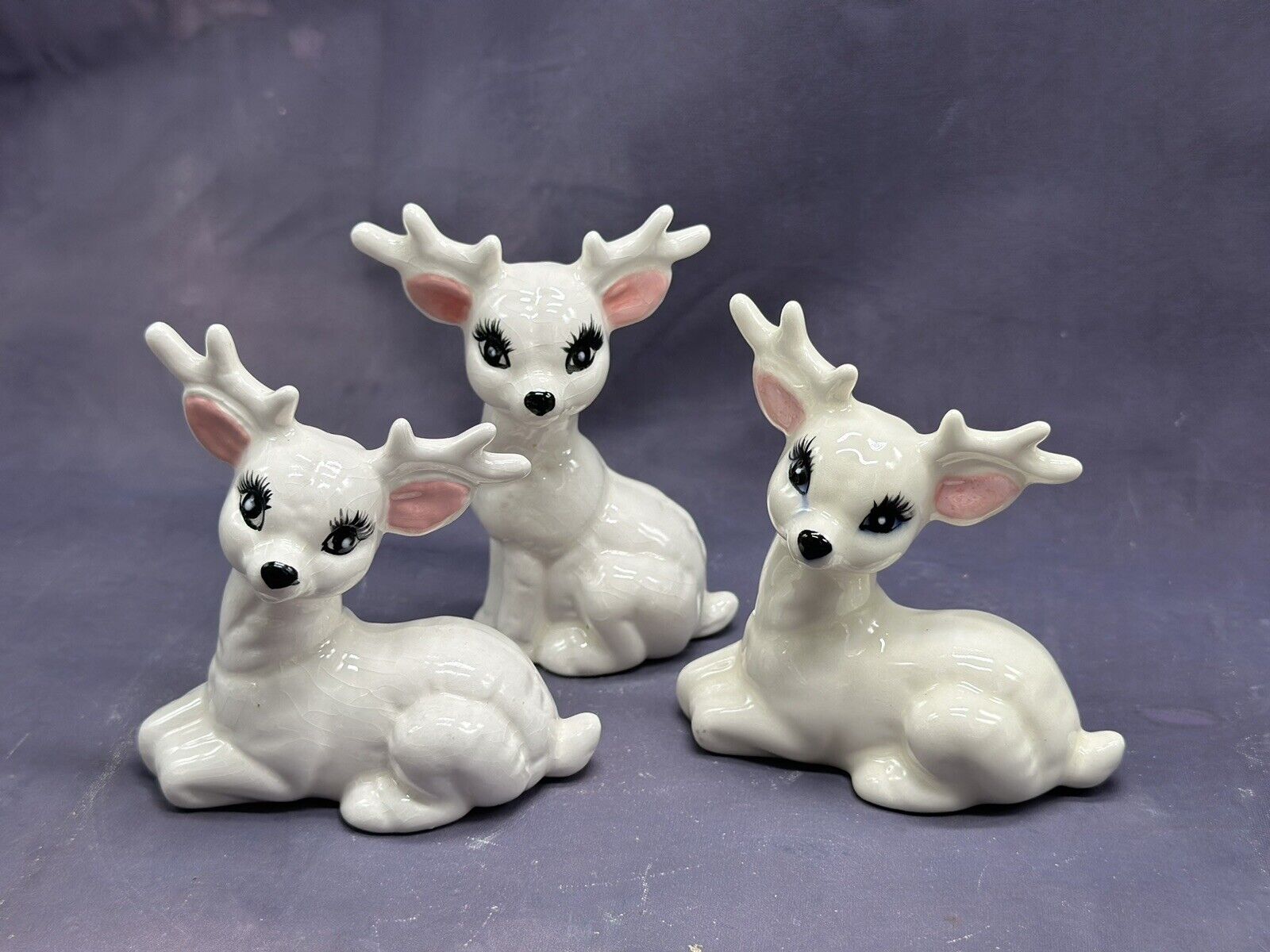 Vintage Deer White Ceramic Set Of 3 Shelf Sitters Kitsch Decor Collector