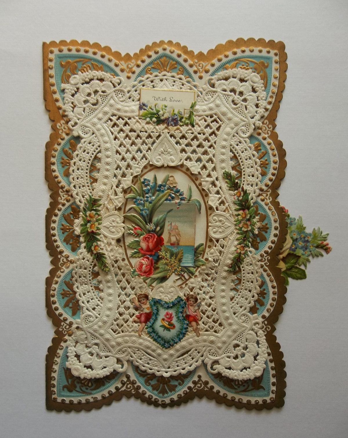 Antique Victorian Paper Lace Valentine Card With Love Forget Me Not, Gold Border