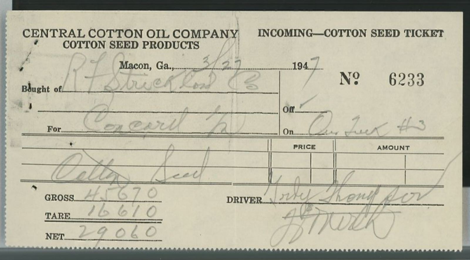 1947 Central Cotton Oil Company Macon Georgia Cotton Seed Ticket 387