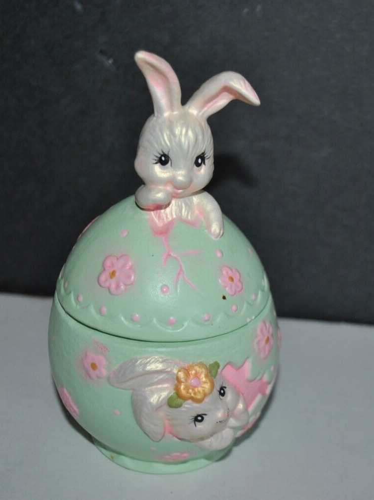 VTG Handcrafted Pottery Art 3D Trinket Box Easter Bunny Egg shape Signed LA 1980