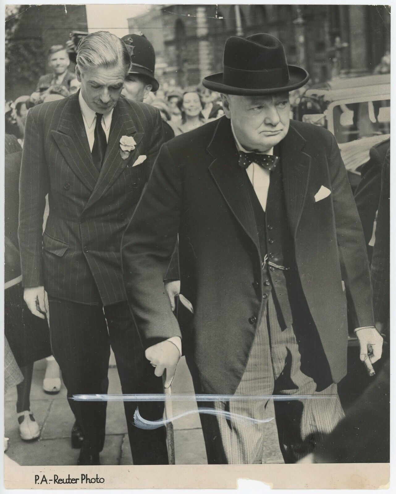 16 August 1950 press photo of Churchill and Eden going to visit Clement Attlee