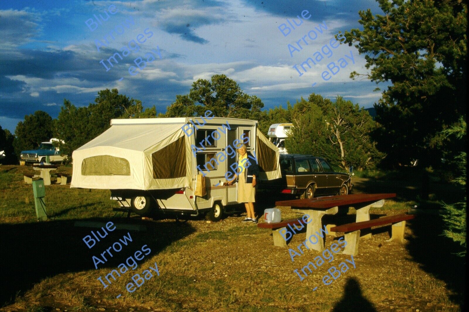 1986 35mm slide Pop-Up Camper Chevy Caprice Station Wagon Colorado Vacay #1819