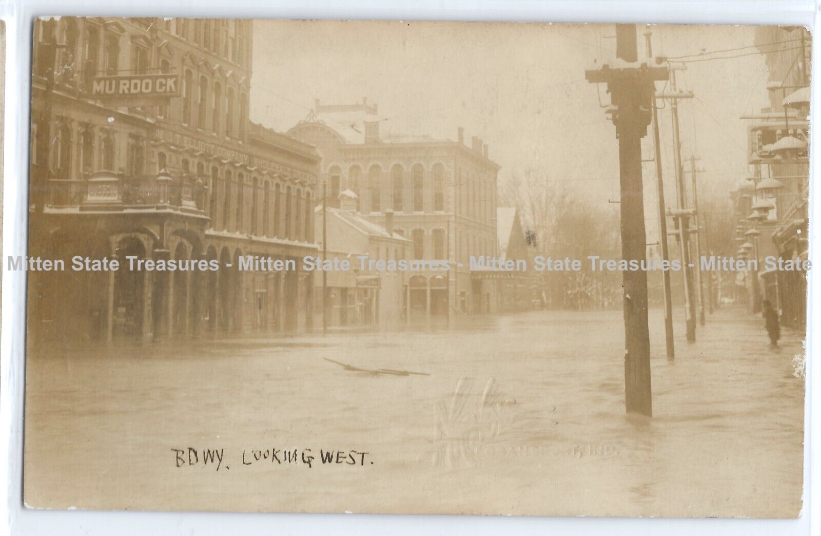 1913 Broadway Street, flood Logansport, Indiana history photo postcard RPPC