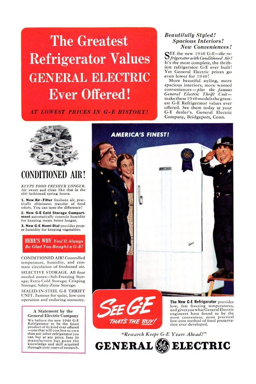 General Electric Refrigerator GE Conditioned Air Print Advertisement 1940