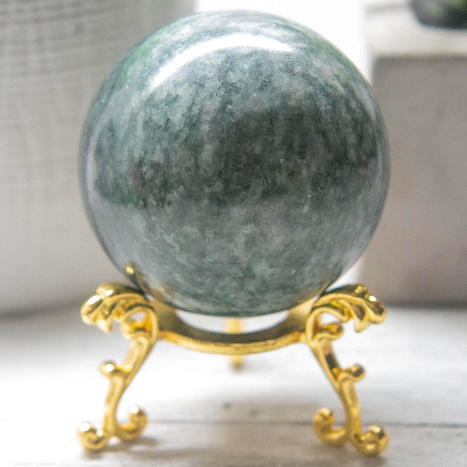 Green Jade Sphere, Natural Dark Olive Green Jadeite Serpentine Crystal #GJGS525