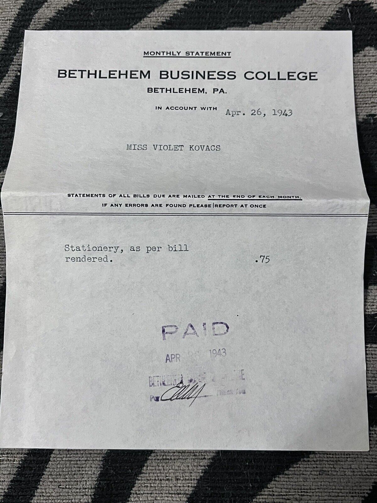1943 Receipt Bill - Bethlehem Business College PA Stationary 0.75 Paid