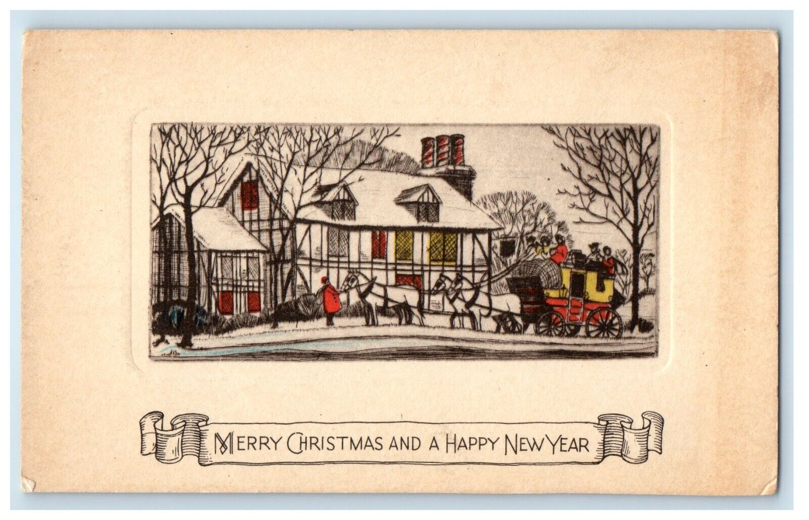 c1920's Merry Christmas And Happy New Year Horse Carriage Snow Winter Postcard