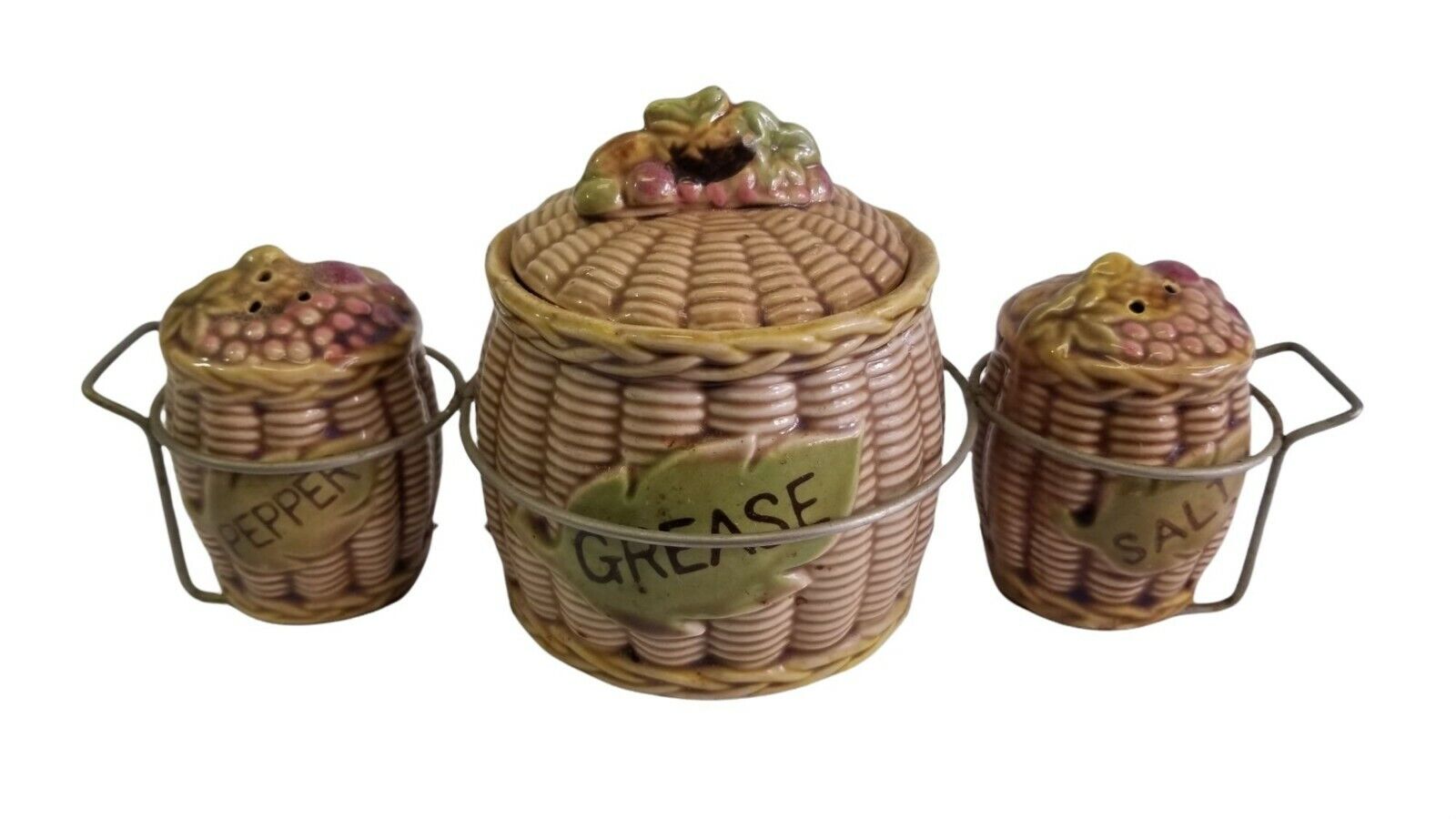 Vintage Tilso Basket Grease Jar Dish Salt and Pepper Shakers and Rack Japan 60s