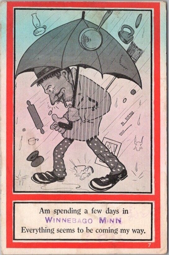 WINNEBAGO, Minnesota Comic Greetings Postcard Man / Umbrella / Rain 1913 Cancel