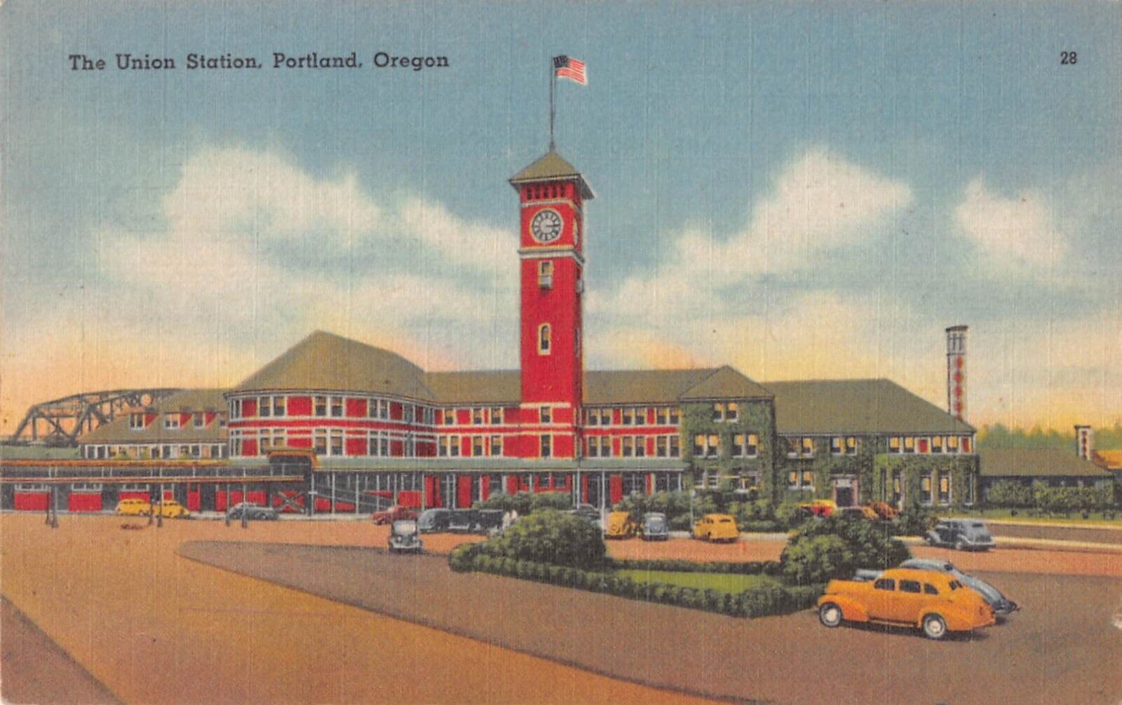 1952 Linen Postcard of the Union Station, Portland, Oregon - Vintage Cars