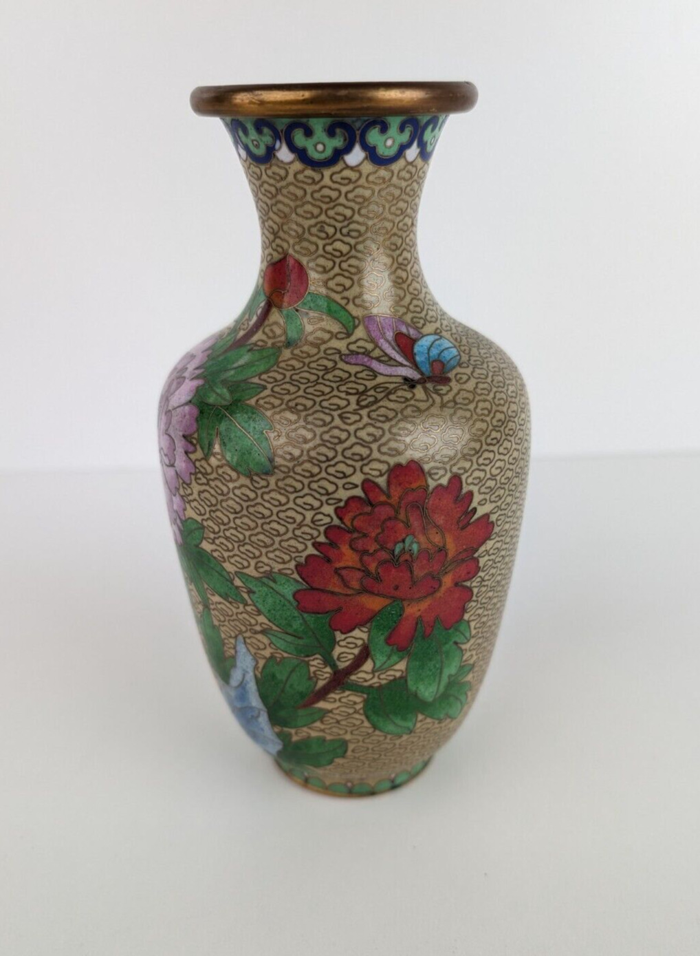 Vintage Cloissonne Vase With Flowers and Small Butterfly