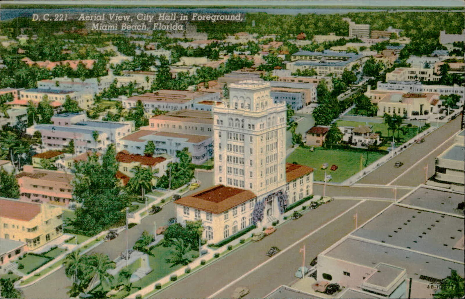 Postcard: D. C. 221 Aerial View, City Hall in Foreground, Miami Beach,