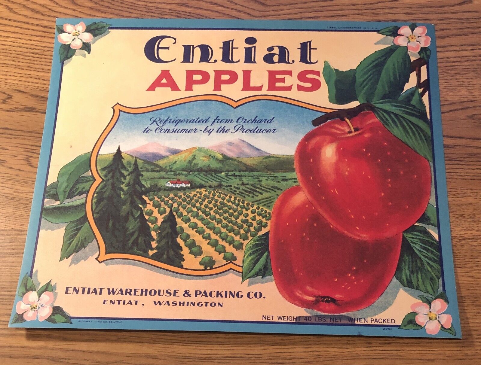 Entiat Apples Brand Apple Crate Label - Stock - 40 Lbs Blackout