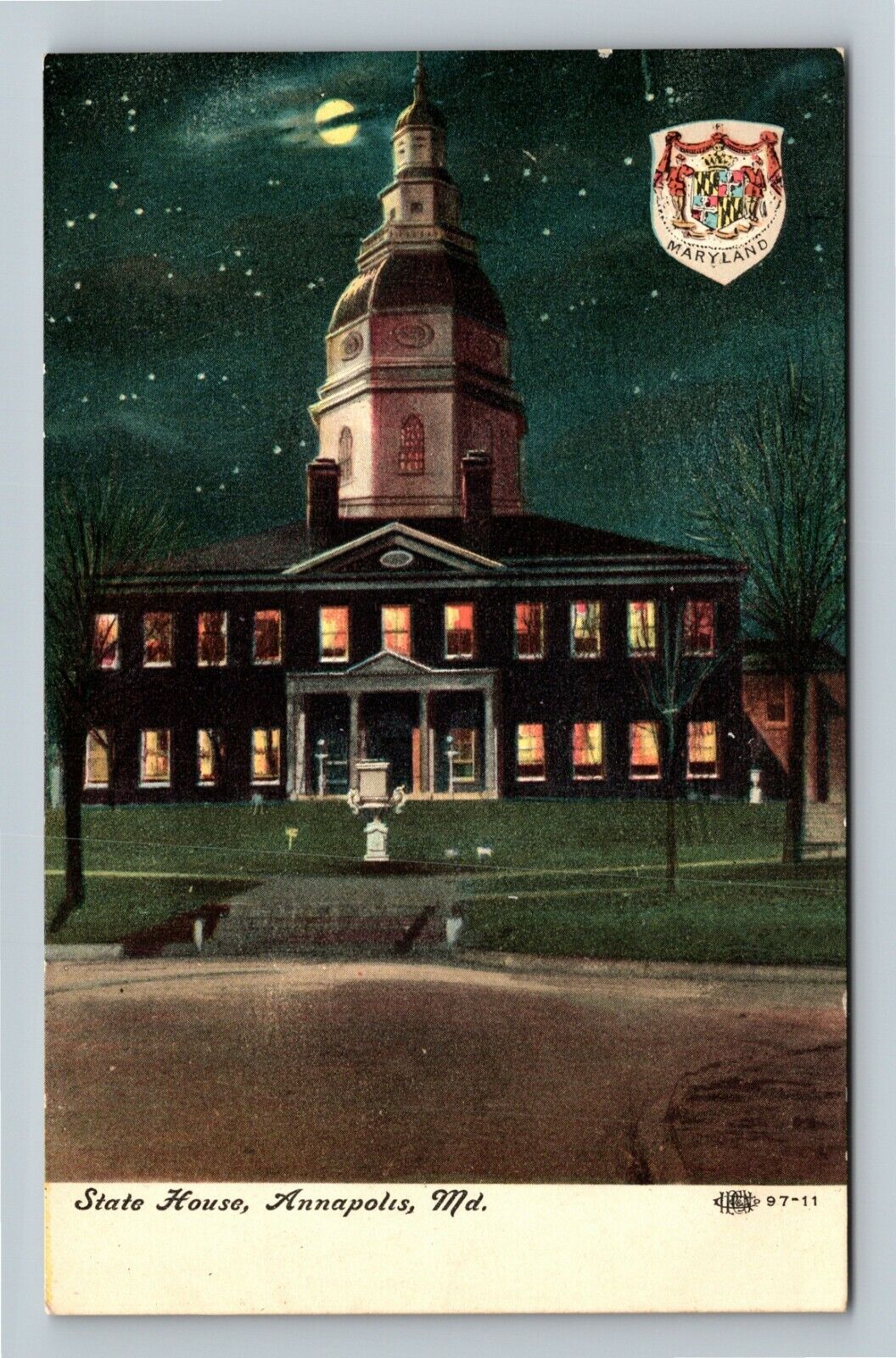 Annapolis MD-Maryland, State House, Moonlight View, Seal Vintage Postcard