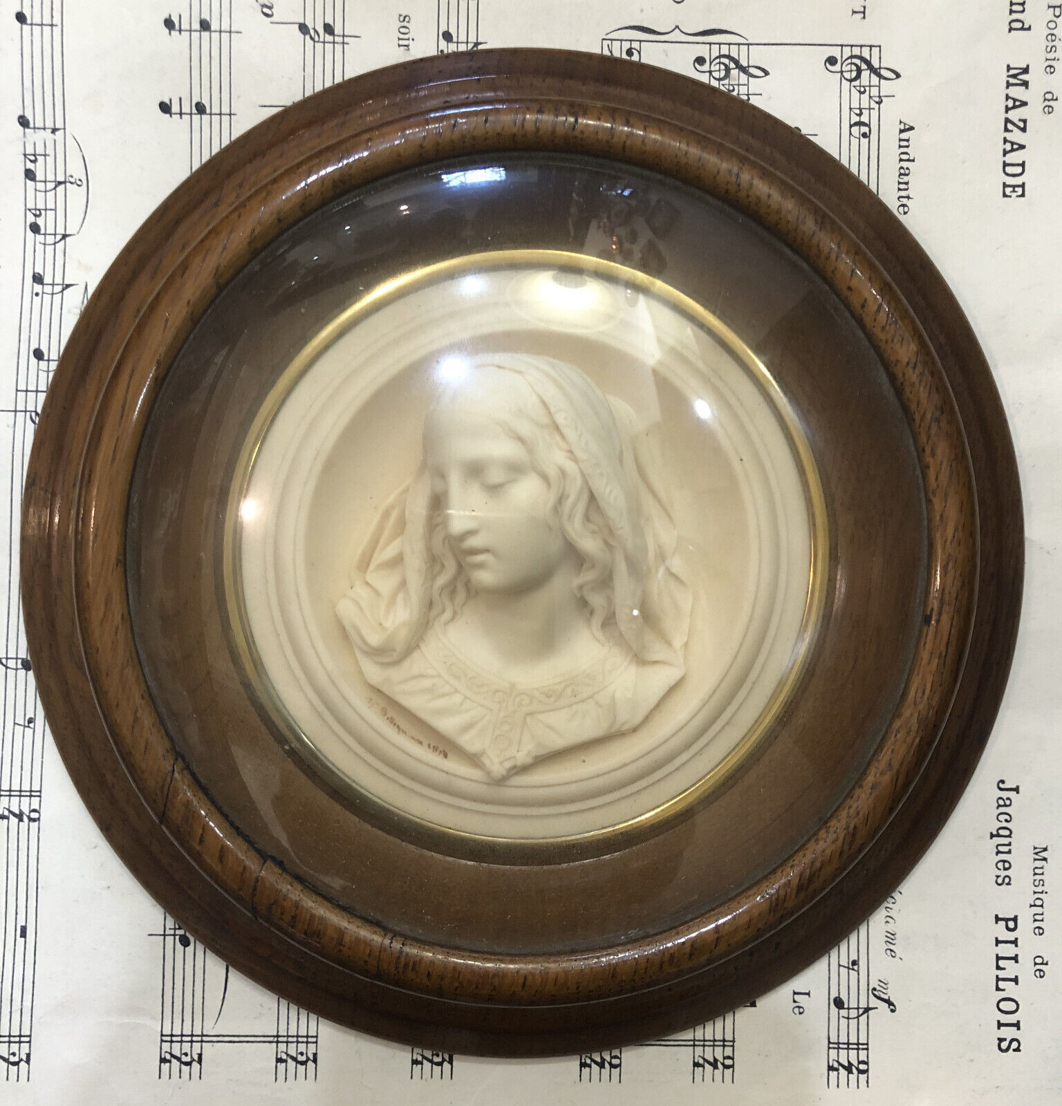 Rare French Antique Carved Plaster Madonna under Domed Glass Signed c1858