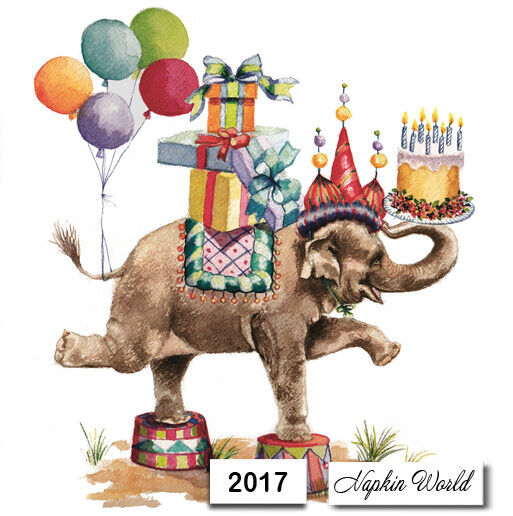 (2017) TWO Individual Paper LUNCHEON Decoupage Napkins - BIRTHDAY ELEPHANT GIFTS