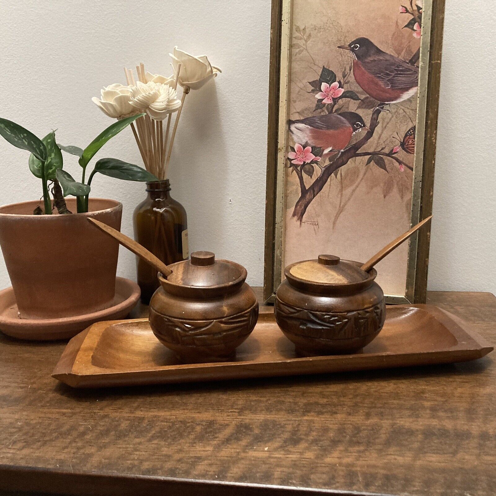 1960's Vintage Tiki Wood condiment bowls With Tray (D)