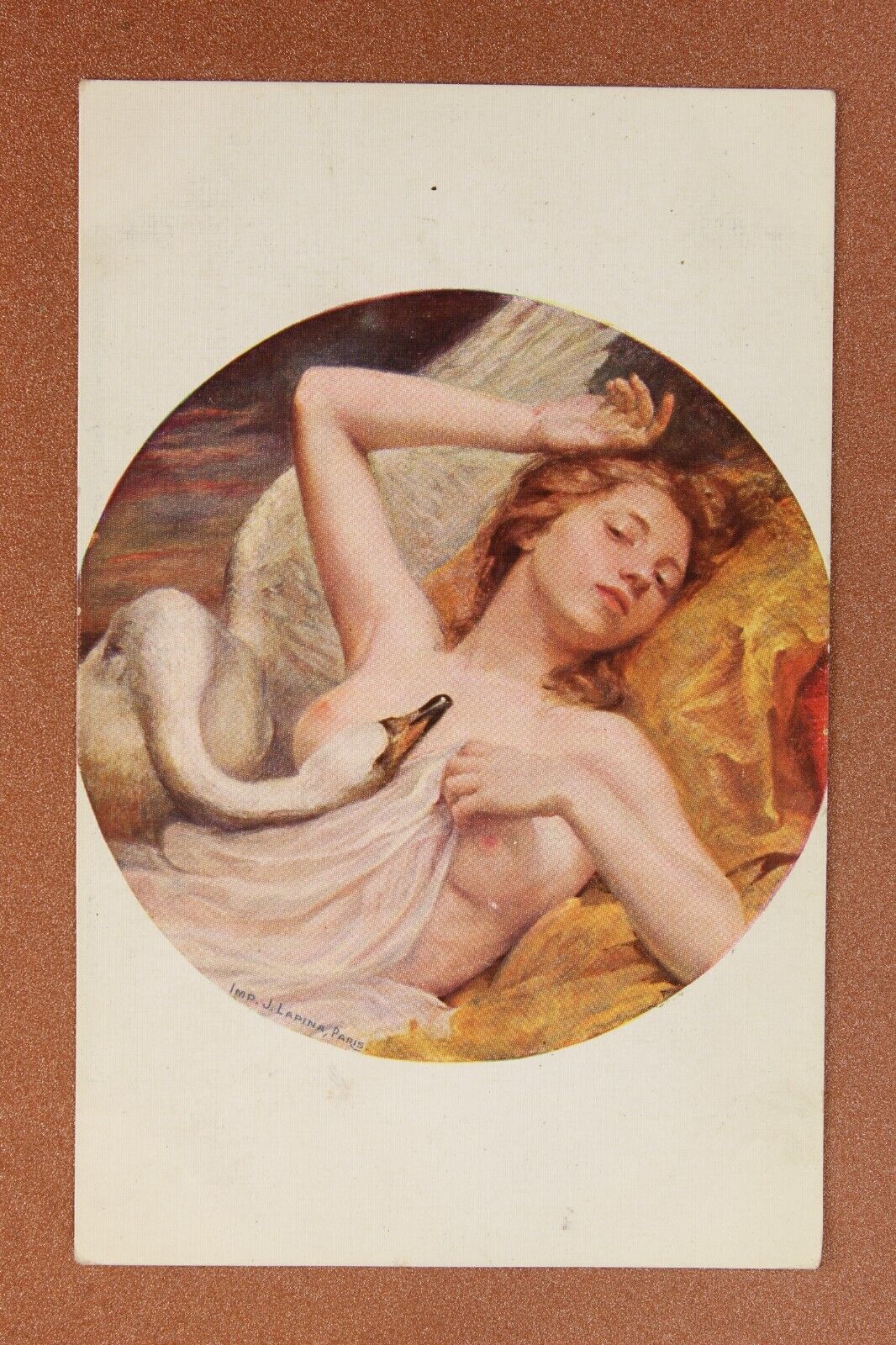 Glamor Nude woman Beautiful Leda. White swan Tsarist Russia SALON postcard 1909s