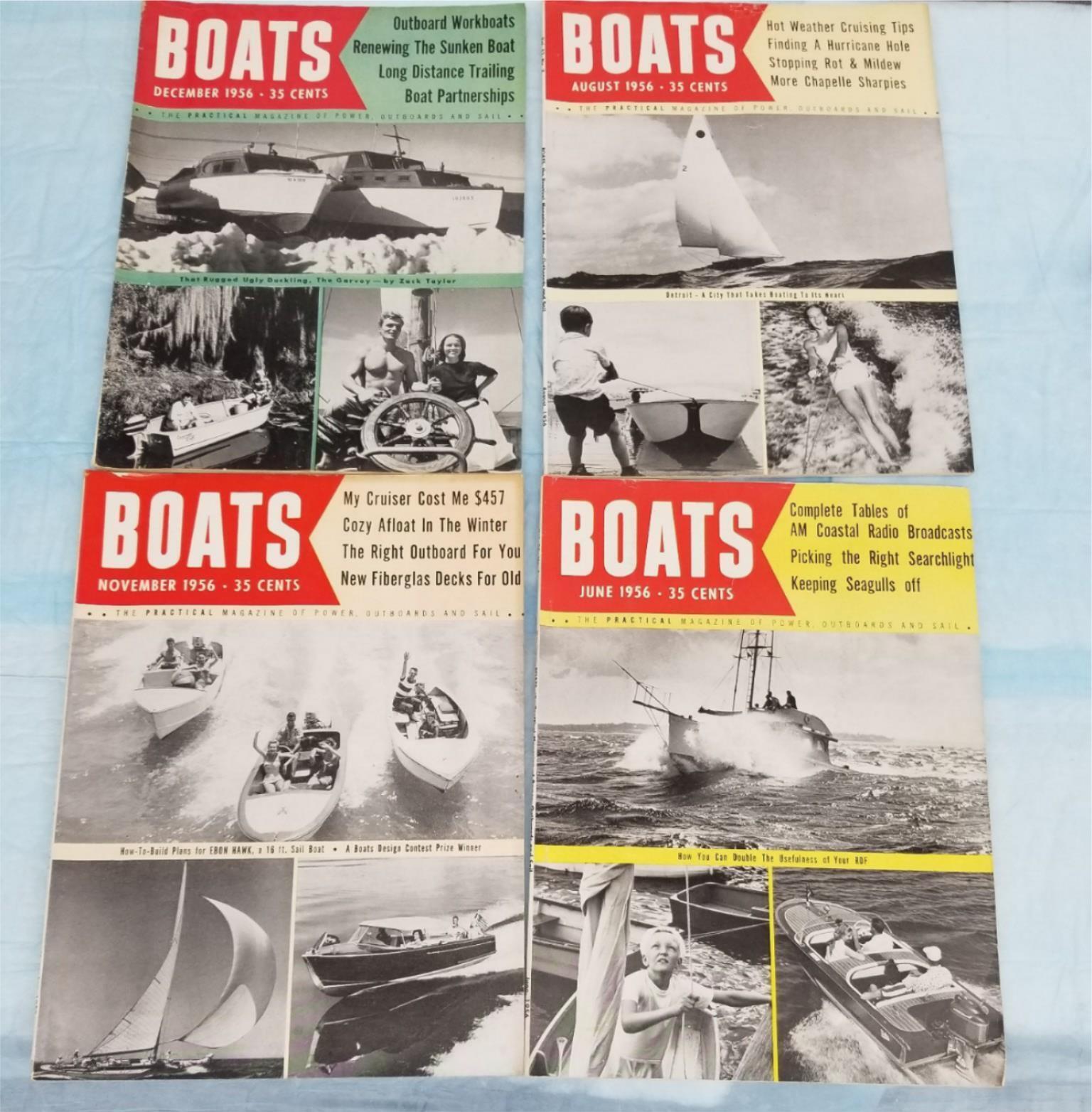 4-1956 Boats Magazine June-Aug-Nov-Dec Power Outboards & Sail Complete Shelf M3