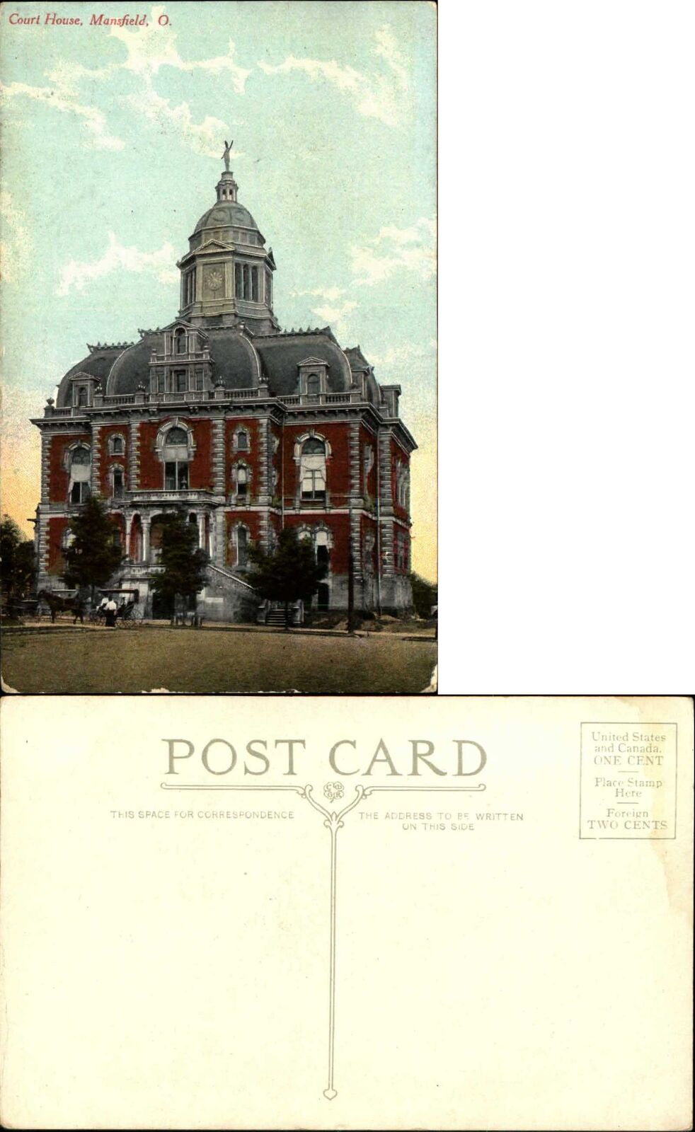 Court House Mansfield OH Ohio horse and buggy unused vintage postcard
