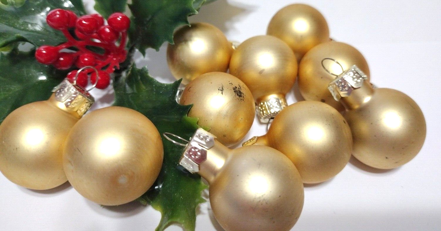 mini Mercury Glass 10 Christmas Ornaments Matte GOLD balls Feather Tree vtg snS