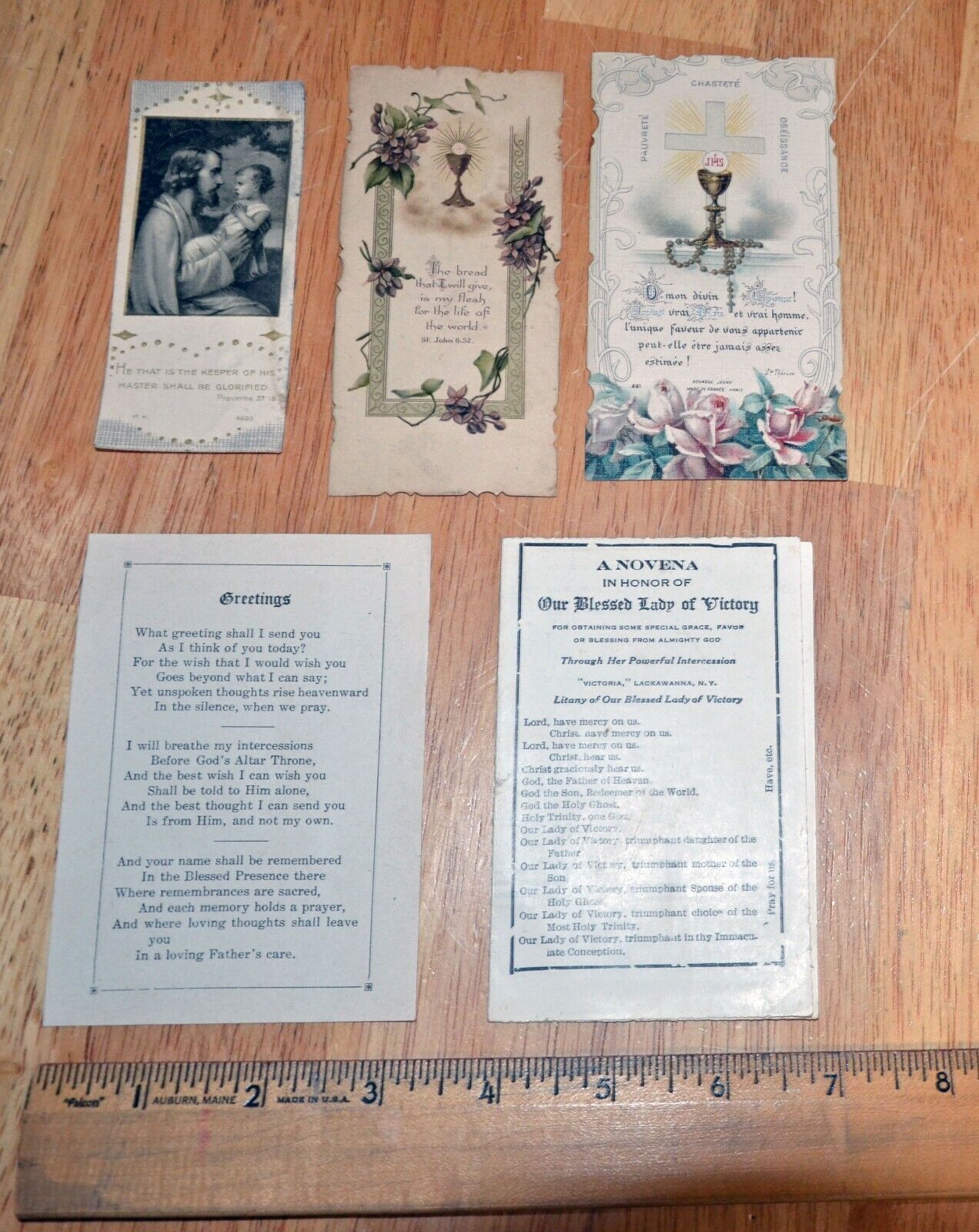 Lot of 5 Vintage Catholic Prayer Cards Christian Ephemera English French Novena