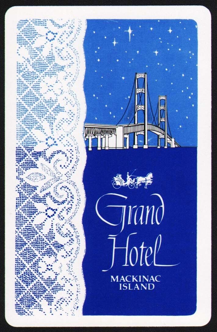 Vintage playing card GRAND HOTEL nighttime view bridge Mackinac Island Michigan
