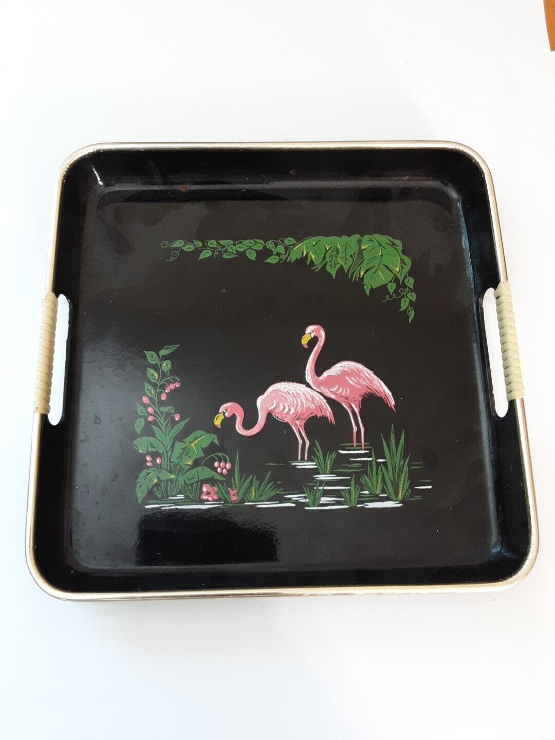 Vintage MCM  Sasaparilla Pink Flamingo BLK Laguer Serving Tray 10 X 10 X 1inch