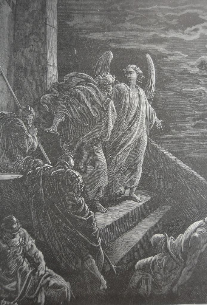 Antique Religious Art Print 1880 Gustave Dore Peter Delivered From Prison