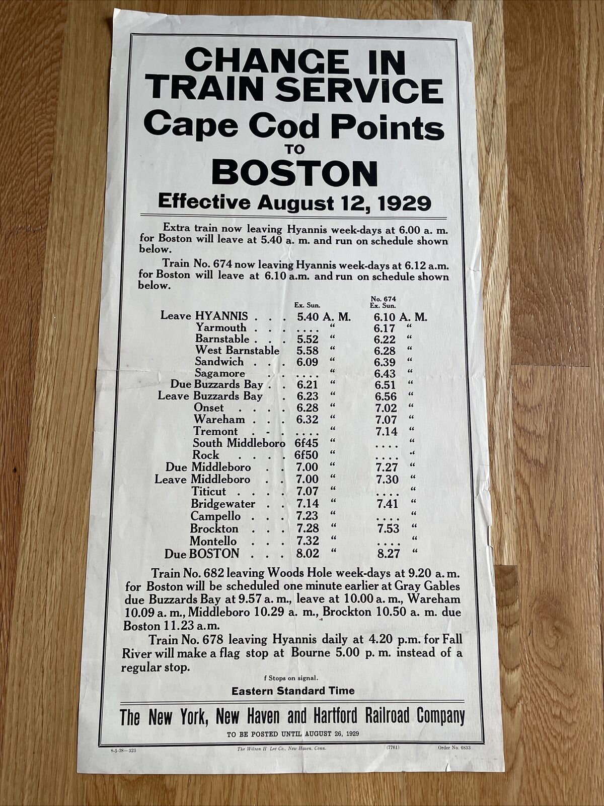 New Haven, New York Harford Railroad Broadside 1929 Timetable Cape Cod Boston