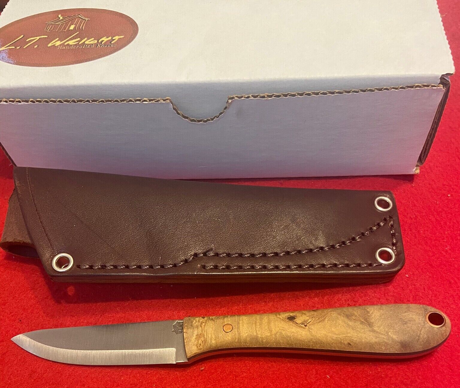 LT Wright Handmade Fixed Blade Knife, One Off A2, Scandi, Buckeye Burl Handle