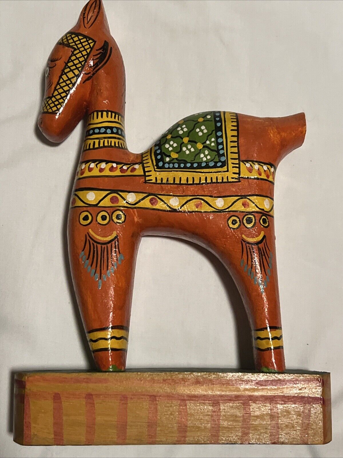 Folk Art Horse Statue India Boho Orange Hand Painted Colorful Toy