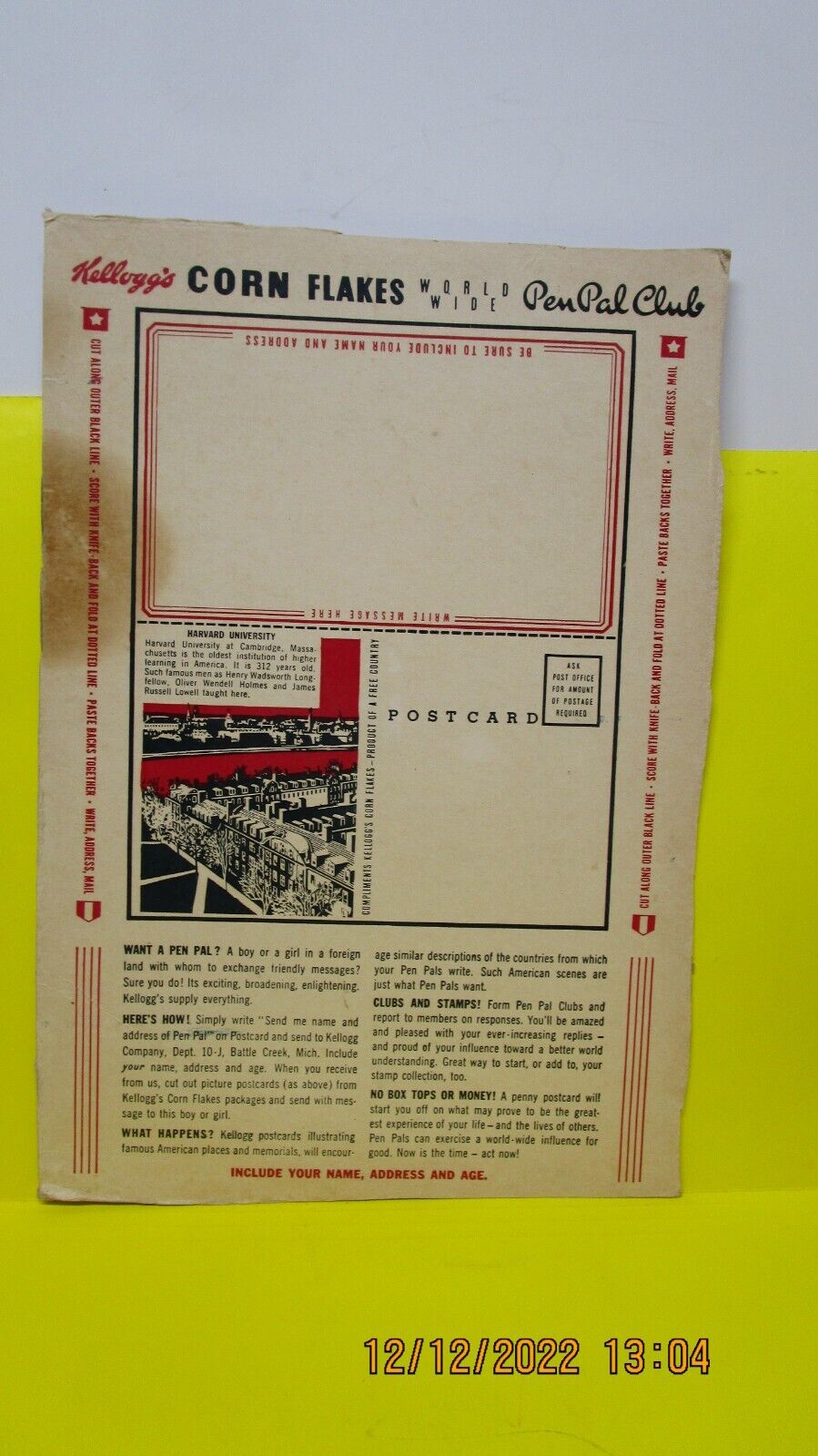 1930 s Kellogg s Harvard University pen pel club post card