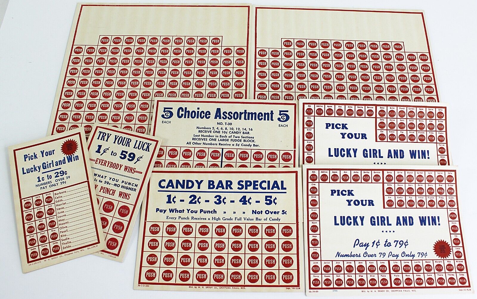 Vintage 8 PAY WHAT YOU PUSH Cards Pick Your Lucky Girl Try Your Luck & Candy Bar