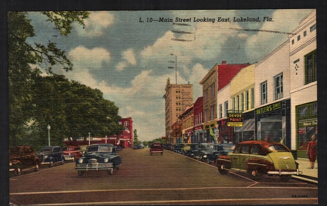 Postcard Lakeland FL Main Street Looking East Linen Posted