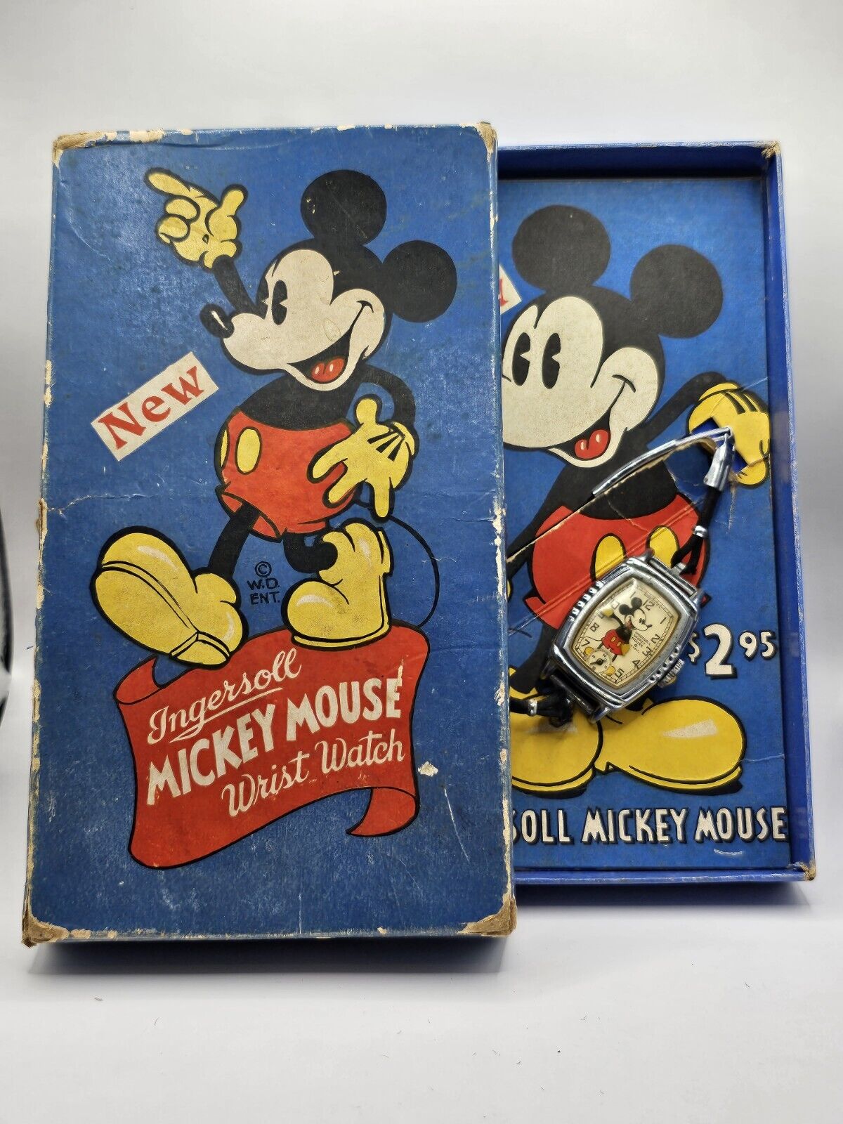 RARE 1939 INGERSOLL MICKEY MOUSE WRISTWATCH SILK CORD BAND & ORIGINAL BOX