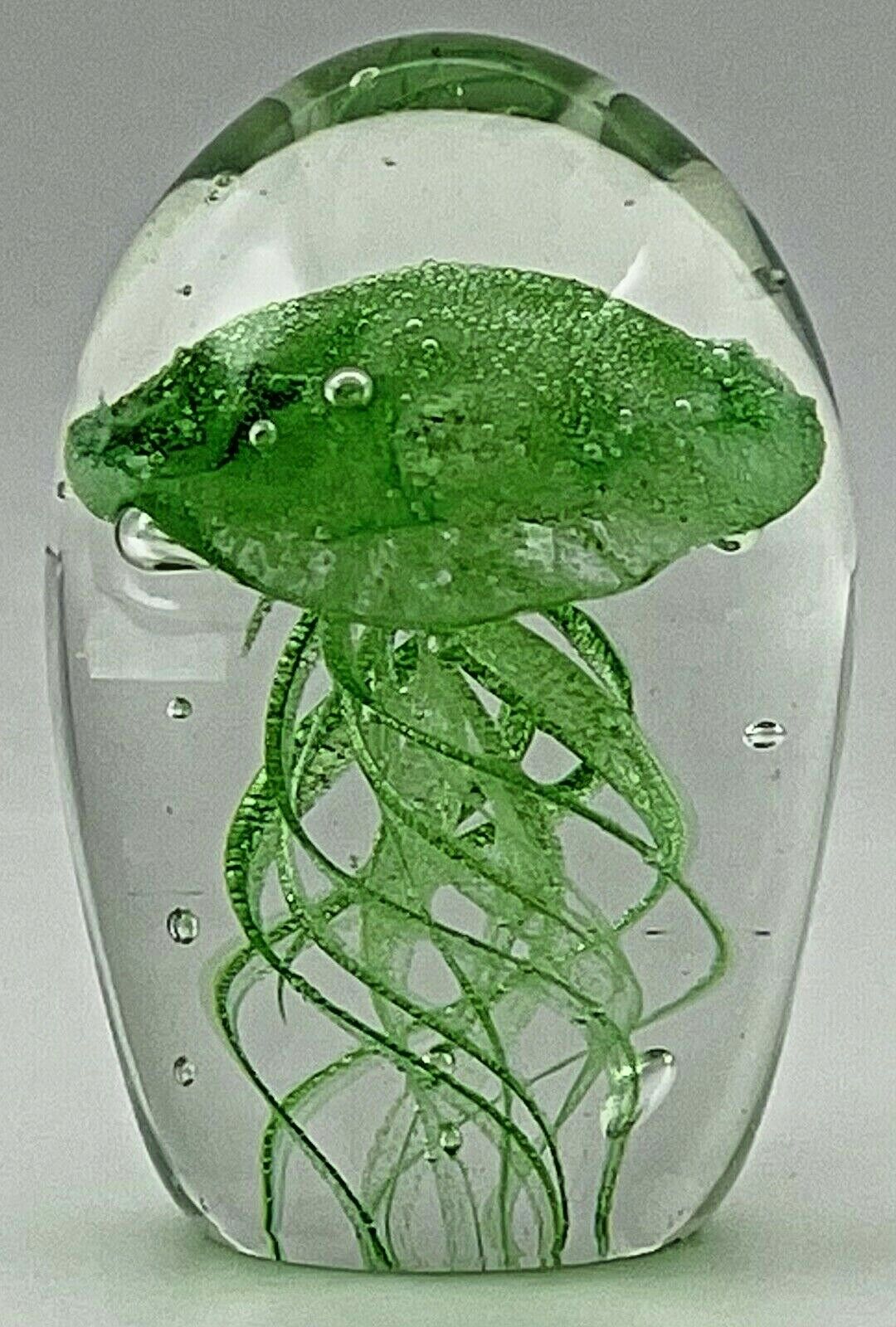 Art Glass Green Jellyfish Clear Paperweight