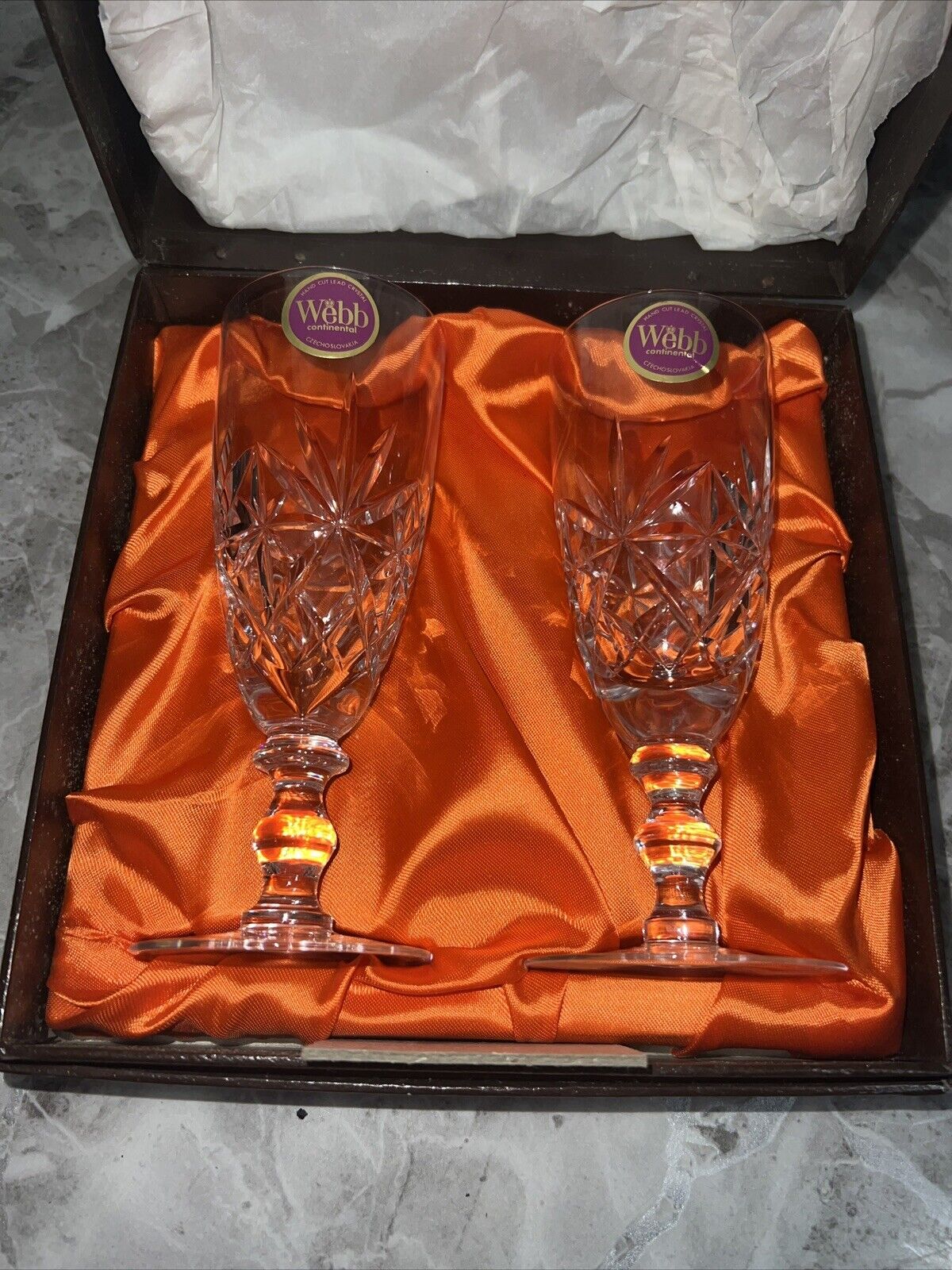 Pair Of Continental Webb Crystal Glasses - Flutes Boxed Vintage
