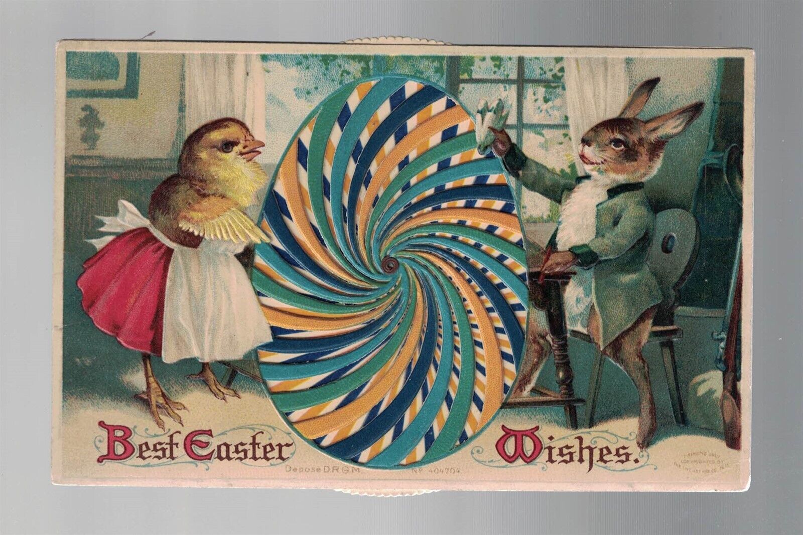Easter Clapsaddle Mechanical Dressed Chick & Rabbit Spin Kaleidoscope Egg 1910 