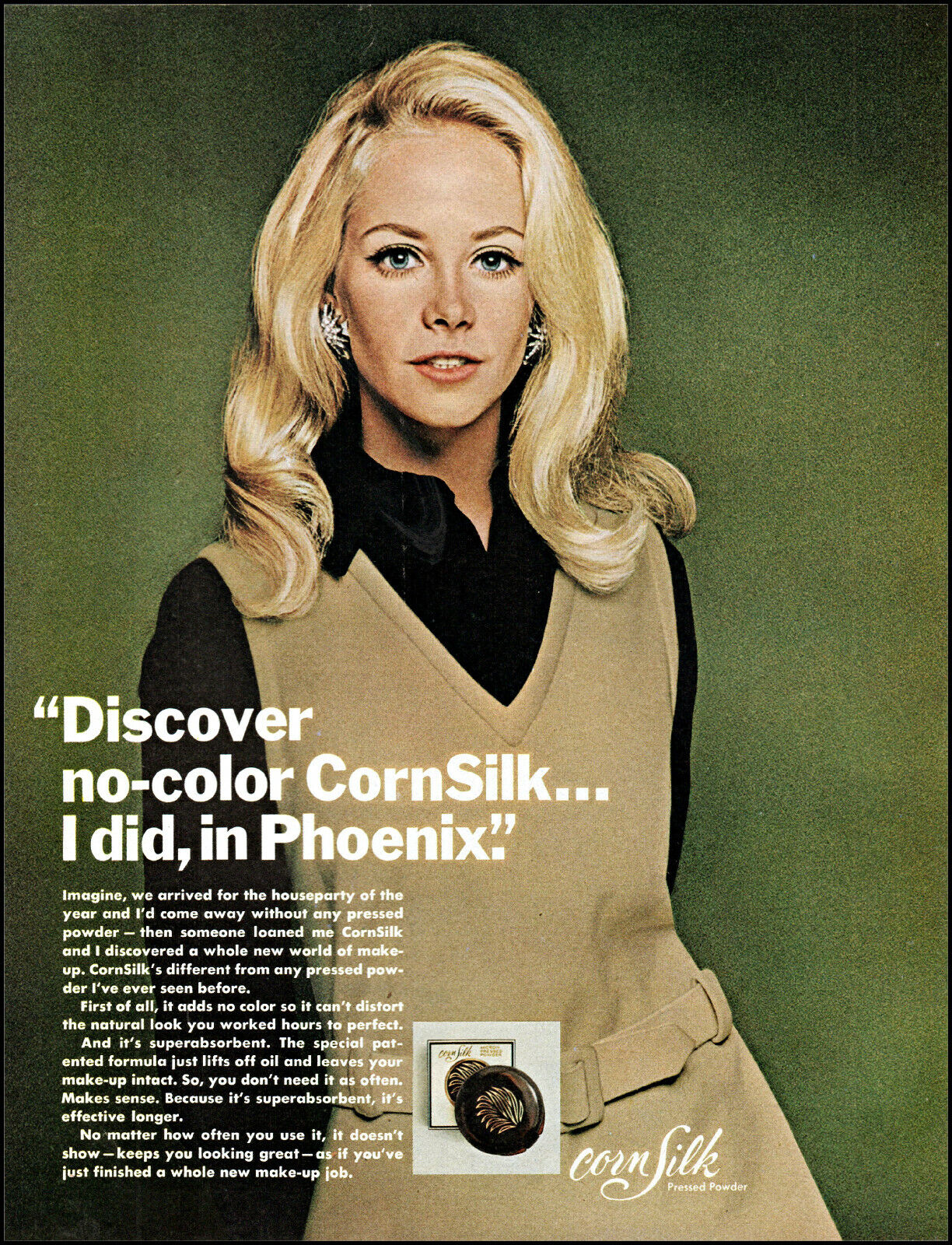 1969 Beautiful Blonde Woman CornSilk Make-up Powder vintage photo print ad adL8