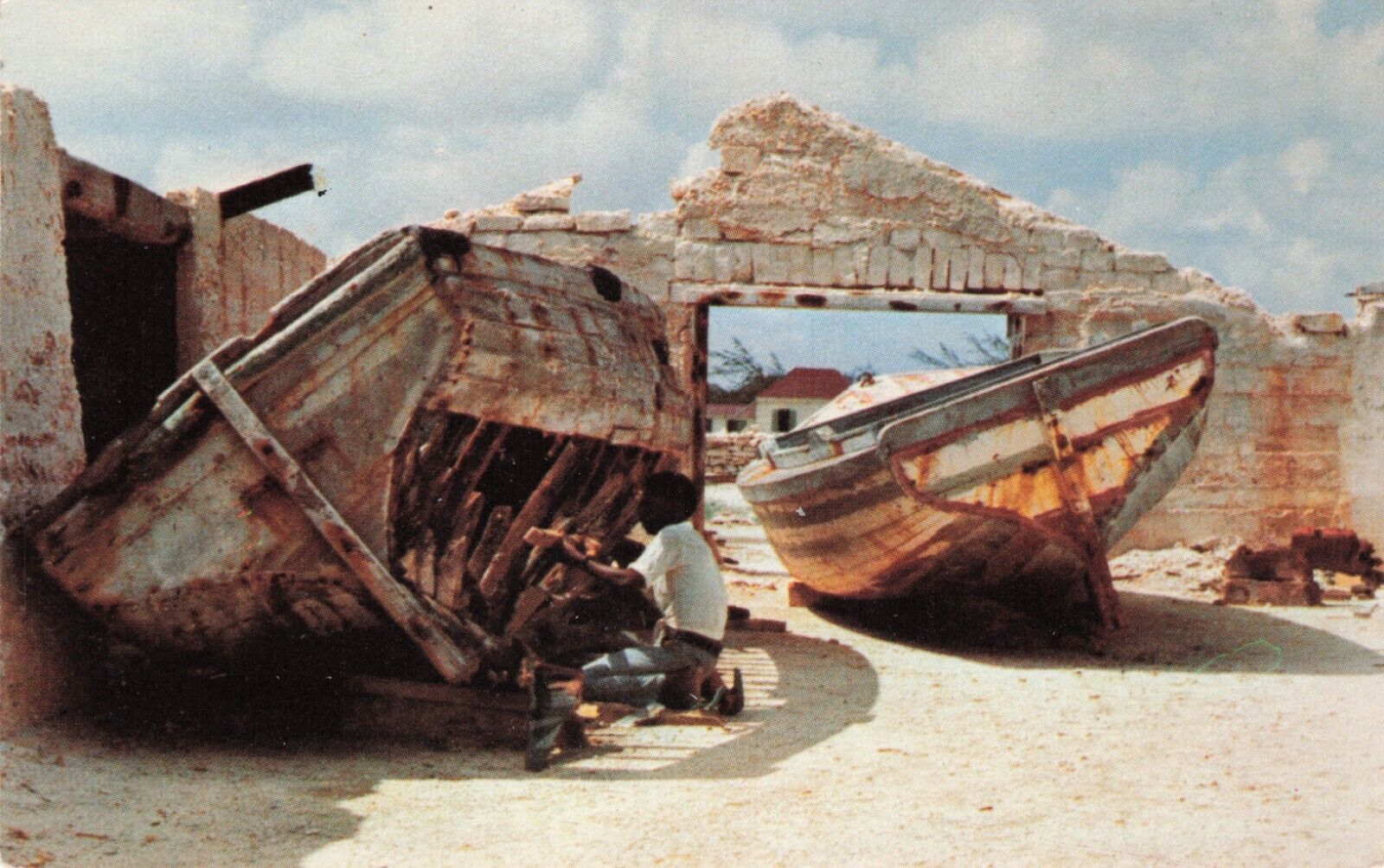 Vintage Artist Postcard Salt Cay Turks & Caicos Isl Shipwright Repairs Boat 627